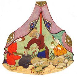 Detail from Majnun Eavesdrops on Layla's Camp. Persian, 16th century. Click for complete picture.